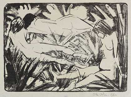 奥托·穆勒的《坐着和两个躺在草地上的女孩》（三幕）