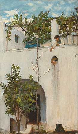 约翰·威廉·沃特豪斯的《阳台上的女士，卡普里》