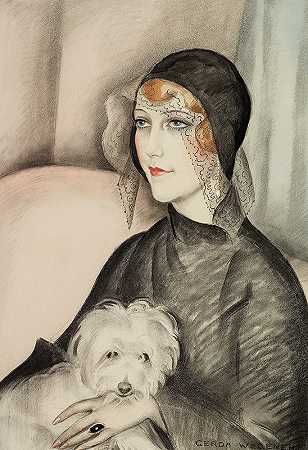 格尔达·韦格纳（Gerda Wegener）的《戴着黑色钟形帽和白色小狗的年轻女士》