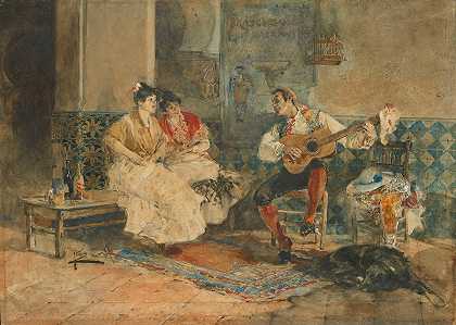 “两个女人在室内听Joaquín Sorolla的吉他手演奏