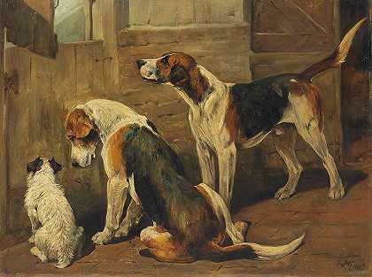 约翰·埃姆斯的《等待狩猎：一只梗和两只猎犬》