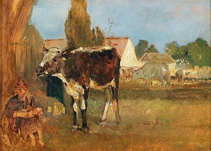 埃米尔·雅各布·辛德勒的《动物研究——农舍、奶牛和农妇的风景》
