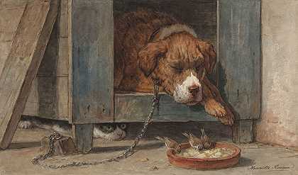 亨利·罗纳·克尼普（Henriëtte Ronner Knip）的《猫在一只熟睡的狗身上窥探鸟》