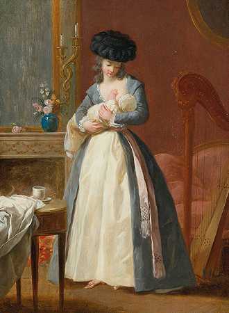 弗朗索瓦·纪尧姆·梅纳戈的《一位女士，据说是丹露夫人，在客厅里护理她的孩子》