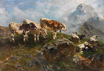 安东·布雷思的《高山上的小牛和绵羊》