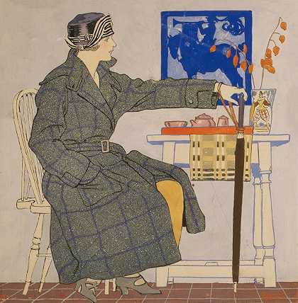 爱德华·彭菲尔德（Edward Penfield）的《坐在桌子旁撑伞的年轻女人》