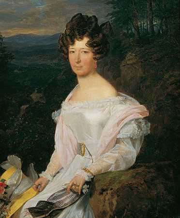 费迪南德·格奥尔格·瓦尔德米勒（Ferdinand Georg Waldmüller）的《维也纳森林风景前的白衣女士》
