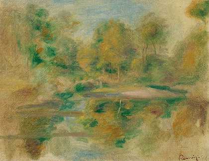 “风景、池塘和背景树木由Pierre Auguste Renoir创作