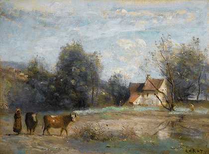 “Luzancy，leau边缘的小农舍，作者：Jean-Baptiste-Camille Corot