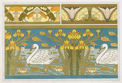 “Lucan和蘑菇，草药和蝴蝶，边缘天鹅，鸢尾和睡莲，由Maurice Pillard Verneuil隔开的搪瓷