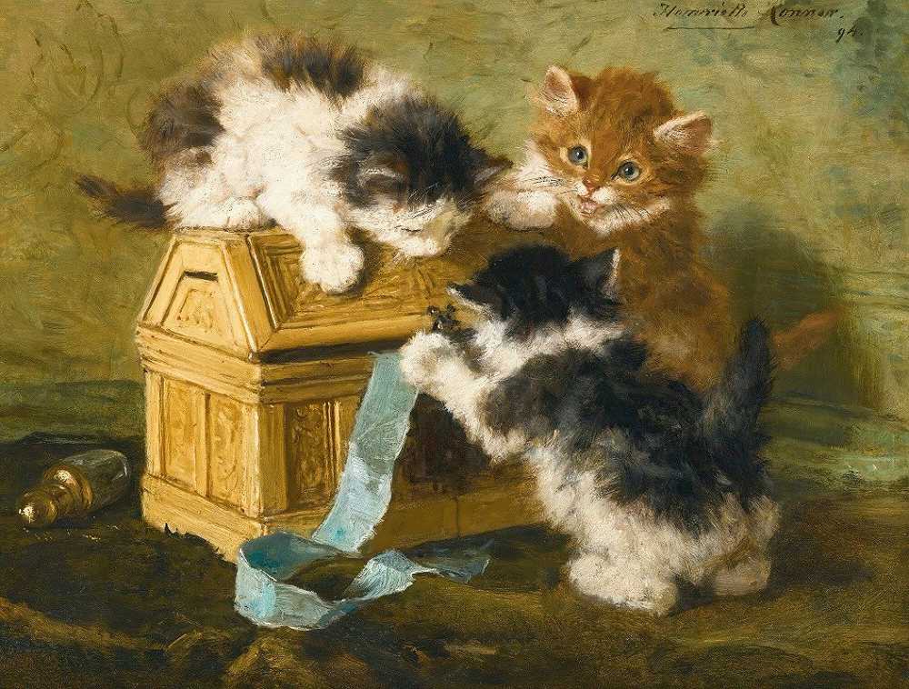 Three Kittens With A Casket And Blue Ribbon-