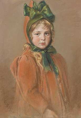 Wilhelm Carl Räuber的“绿色蝴蝶结女孩肖像（艺术家的女儿）”