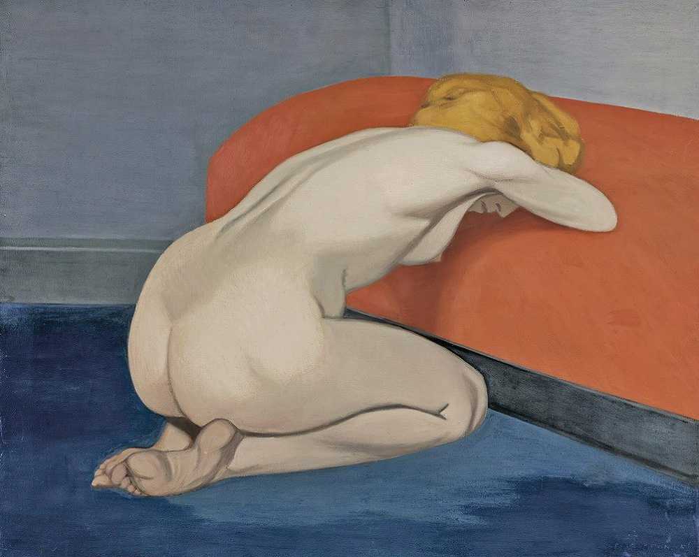 Félix Vallotton的《赤裸女子跪在红色沙发前》