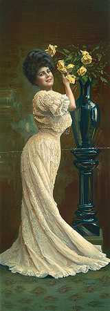 《穿着蕾丝连衣裙的女人在花瓶里摆放黄玫瑰》作者：Anonymous