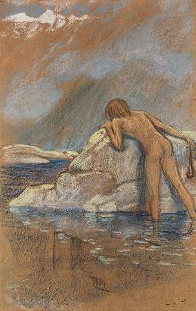 路德维希·冯·霍夫曼（Ludwig von Hofmann）的《男孩裸体，用石头吊带猎杀土拨鼠》