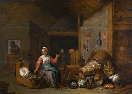亚伯拉罕·威廉森（Abraham Willemsens）的《母亲在摇篮边纺纱的室内》