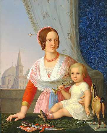 弗雷德里克·斯托奇的《母亲和孩子坐在桌子旁拿玩具》