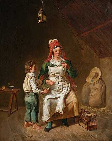 “母亲和儿子与一个鸟村Anne Geneviève Greuze