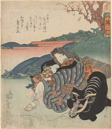 《母亲哺育孩子，倚靠在公牛上》，作者：Utagawa Kunimaru