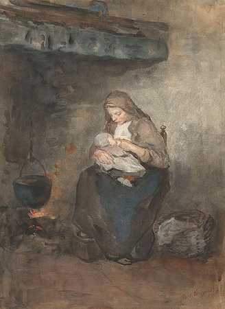 “母亲在壁炉旁吸吮她的孩子”