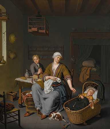 Willem Van Mieris的《一个年轻的母亲在家庭内部照顾她的两个孩子》