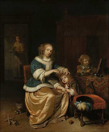 Caspar Netscher的《母亲为孩子梳头的室内》，被称为“母亲护理”