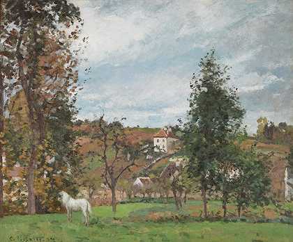 “草地上的白马风景，Hermitage，Pontoise by Camille Pissarro