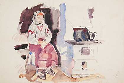 伊万·伊万内克（Ivan Ivanec）的《穿着刺绣白衬衫和珠子的农民女孩坐在炉边的厨房》