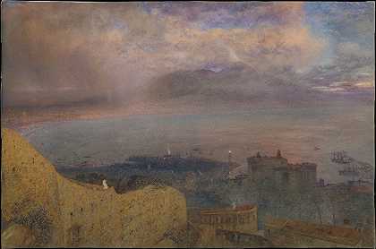 阿尔弗雷德·威廉·亨特（Alfred William Hunt）的《那不勒斯湾与维苏威的景色，远处的吸烟》（晚上）