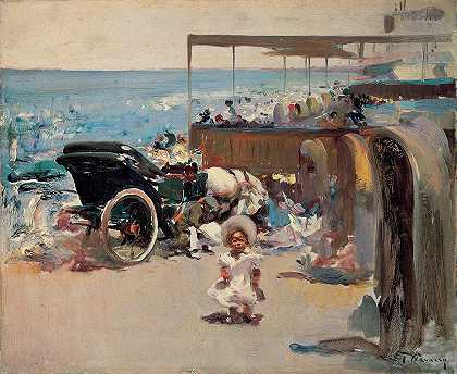 何塞·纳瓦罗·略伦斯的《海滩上的马车和孩子》