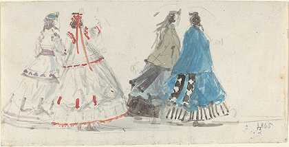 《四位身穿克里诺线的女士在特鲁维尔散步》（Eugène Boudin）
