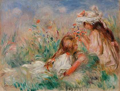 《草地上的女孩们正在编织一本书》（小女孩躺在草地上，小女孩正在编织一本书）作者：Pierre Auguste Renoir