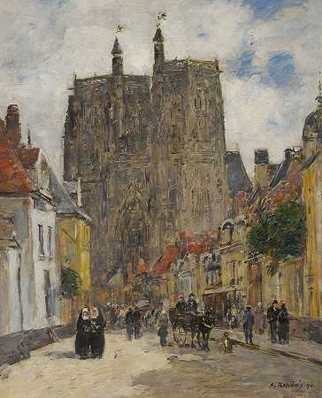 “Abbeville，Rue and Church Saint Vulfran by Eugène Boudin
