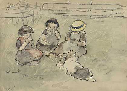 阿道夫·勒·孔特的《三个女孩和一只狗坐在草地上》