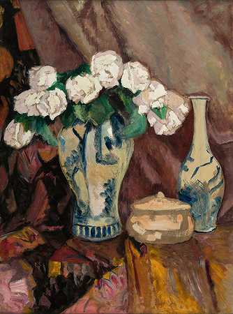 斯特凡·菲利普凯维奇的《花瓶里的白玫瑰的静物》