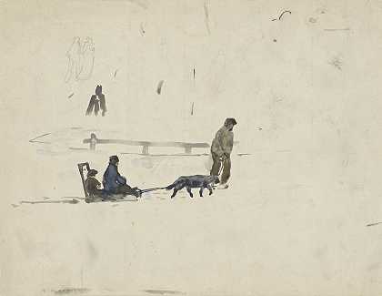 阿道夫·勒·孔特（Adolf le Comte）的《一个带狗的人拉着两个孩子的雪橇》