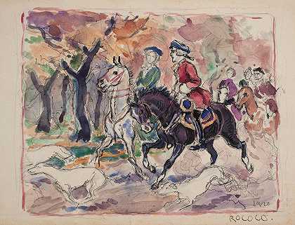 伊万·伊万内克（Ivan Ivanec）18世纪中叶，马匹在森林中骑行时，穿着服装的蒸汽场景