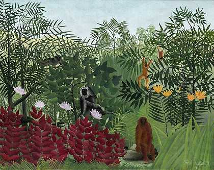 亨利·卢梭的《热带森林与猴子》