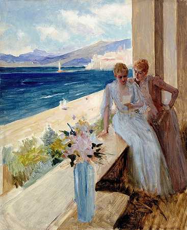 “艺术家的妻子和艾米莉·冯·埃特在戛纳阳台上”阿尔伯特·埃德尔费尔特著