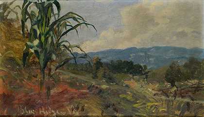 弗兰克·布克瑟的《前景中巨大玉米的风景》