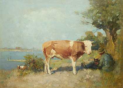 加里·梅尔切斯（Gari Melchers）的《一头牛和一个牧民休息的风景》
