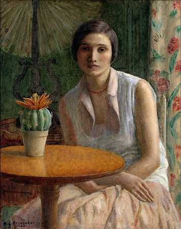 弗雷德里克·卡尔·弗里塞克（Frederick Carl Frieseke）的《一个女人的肖像（带仙人掌）》