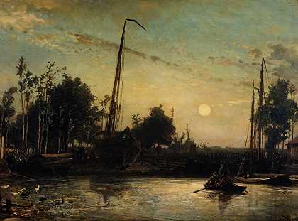 “运河边正在建造的船，荷兰风景，作者：Johan Barthold Jongkind