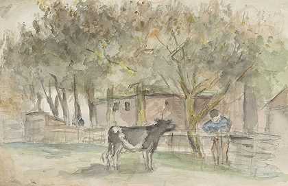 Jozef Israëls的《一头牛和一个农民的风景》