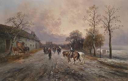 埃米尔·巴巴里尼（Emil Barbarini）的《村庄风景上的晚间氛围》