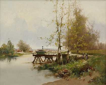 《村庄边缘的池塘》作者：Eugène Galien Laloue