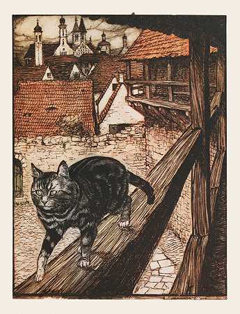 阿瑟·拉坎姆（Arthur Rackham）笔下的那只猫从城墙后面偷偷溜进了教堂