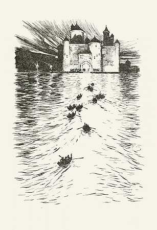 “湖的对岸矗立着一座由亚瑟·拉坎姆（Arthur Rackham）建造的灯火通明的城堡