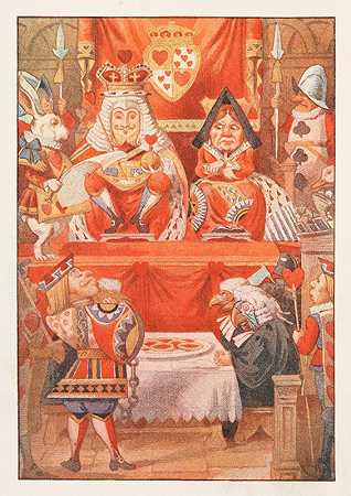“红心王和王后由约翰·坦尼尔爵士坐在王位上