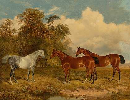 詹姆斯·沃尔沙姆·巴尔多克（James Walsham Baldock）在左边有树的田野里，两只海湾马和一匹斑驳的灰色马